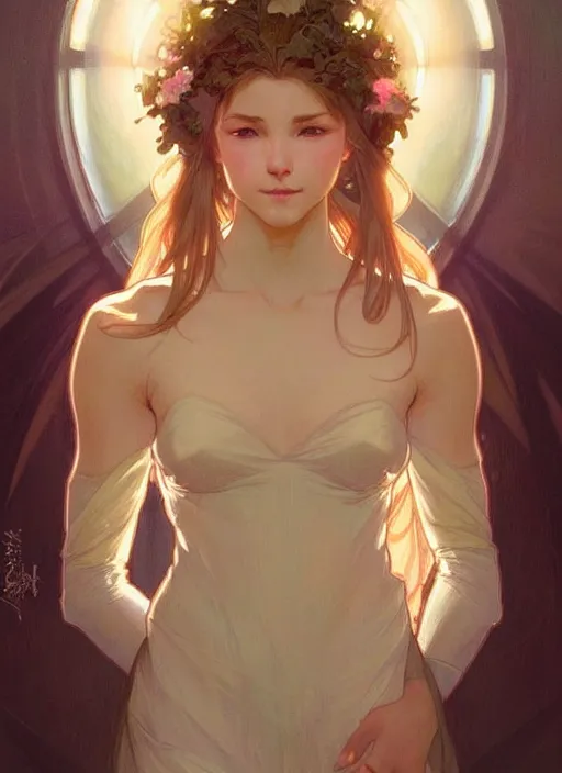 Prompt: digital character concept art by artgerm and greg rutkowski and alphonse mucha. clear portrait of a young wife blessed by god to uncontrollably become overwhelmingly perfect!! blonde, clothed! obviously feminine holy body!! light effect. hyper detailed, glowing lights!! intricate, elegant, digital painting, artstation, smooth, sharp focus