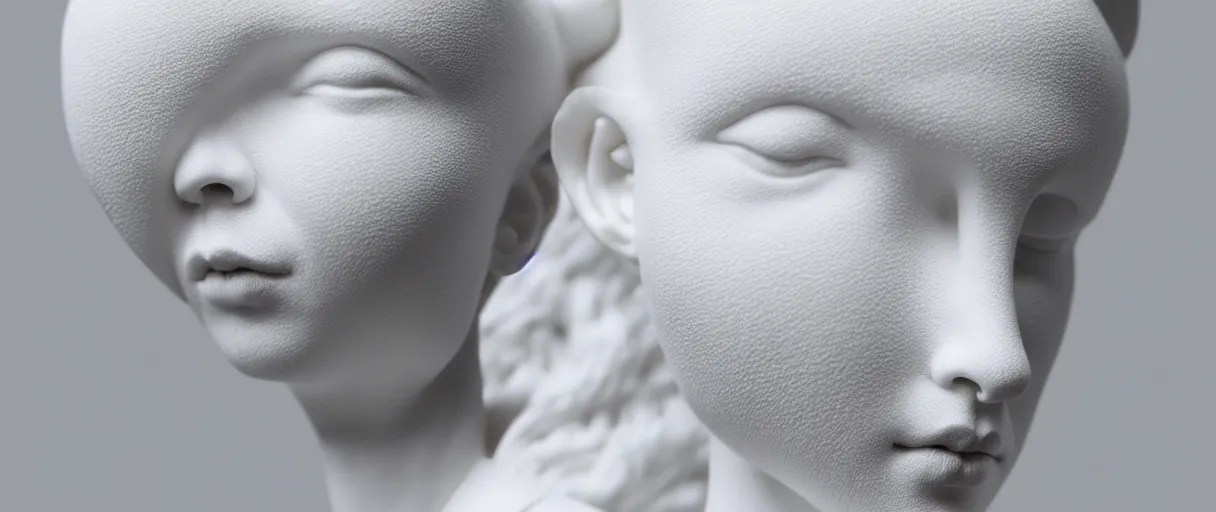 Image similar to symmetry!! full head and shoulders, beautiful female porcelain sculpture by daniel arsham and raoul marks, intricate, elegant, highly detailed, digital painting, artstation, concept art, smooth, sharp focus, all white features on a white background, delicate facial features