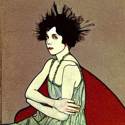 Prompt: a lonely girl in an empty room, colored daguerreotype, by schiele, by mucha, by Mackintosh, eerie, weird