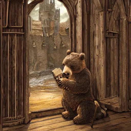 Image similar to A realistic bear playing guitar in a medieval shop viewed from the inside, texture, intricate, details, highly detailed, masterpiece, architecture, building, trending on artstation, focus, sharp focus, concept art, digital painting, fantasy, sunny, day, midday, in the style of skyrim