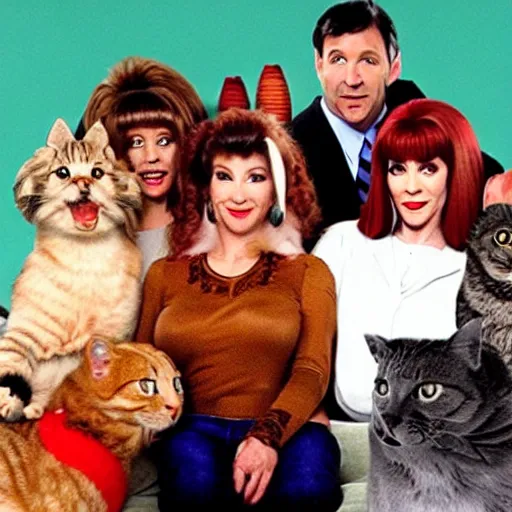 Image similar to a still from the tv series Married with children, actors replaced by cats and dogs, vhs quality