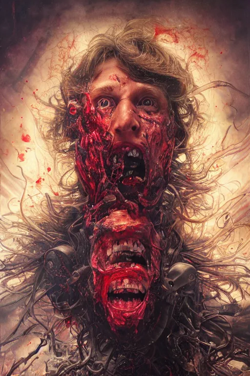 Prompt: uhd hyperrealistic photorealisitc hyperdetailed detailed tucker carlson head exploding, puking blood, screaming, with sparking circuits, studio lighting, by ayami kojima amano karol bak, greg hildebrandt and mark brooks