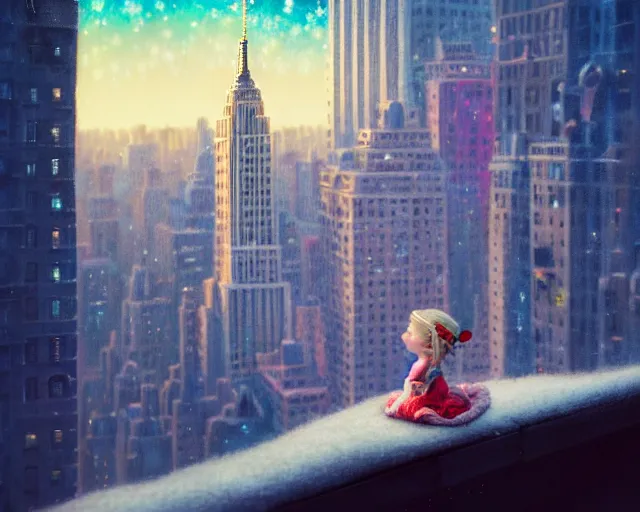 Prompt: a girl sitting on a cozy ledge above a futuristic new york city below, pastel colors, nicoletta ceccoli, mark ryden, lostfish, max fleischer, depth of field, detailed and intricate environment, golden hour, 8 k resolution, hyperrealistic, octane render, vivid colors, bright, cheerful, detailed and intricate christmas environment