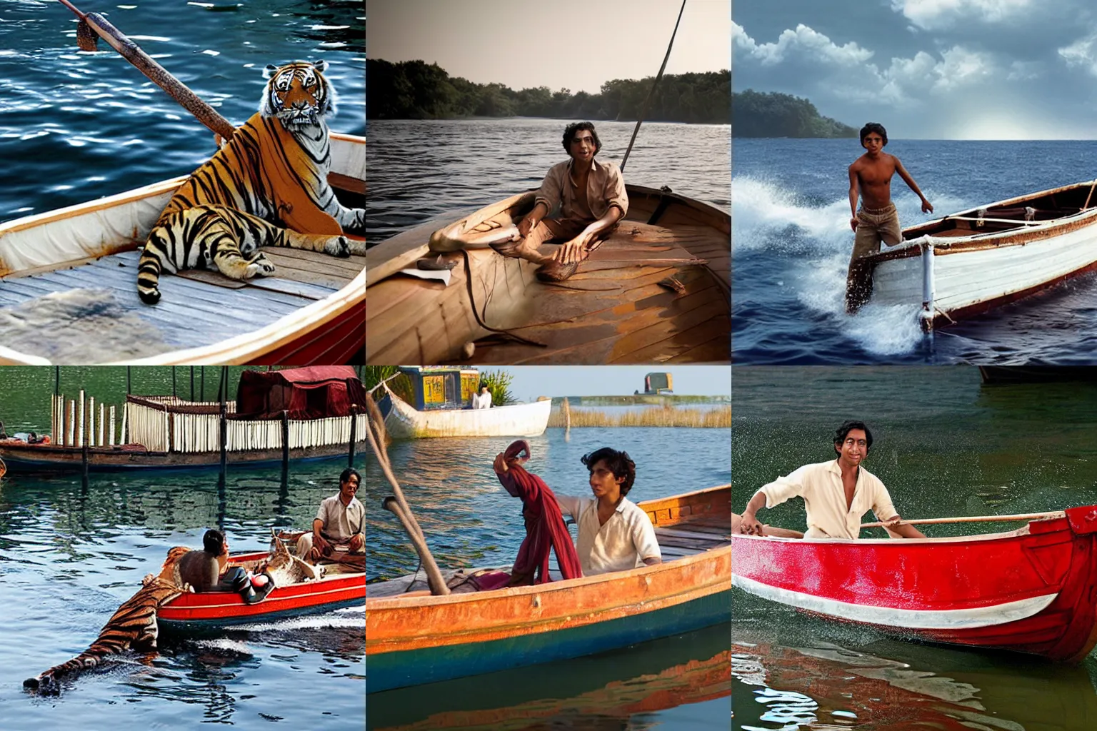 Prompt: The Life of Pi behind the scenes with Tiger in Boat, full color production photograph from 2012