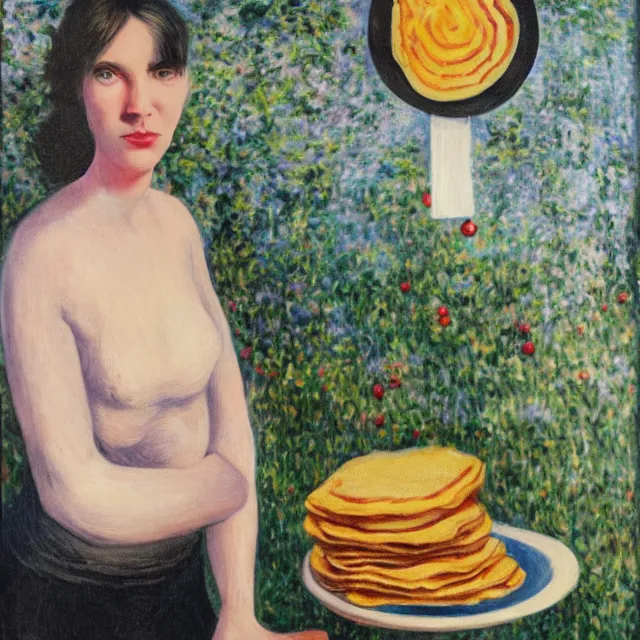 Image similar to tall emo female artist holding pancakes, in chippendale sydney, gold bars, maple syrup, snails, berries, pigs, octopus, acrylic on canvas, surrealist, by magritte and monet