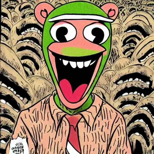 Image similar to Kermit the Frog from Sesame Street in a Junji Ito horror comic