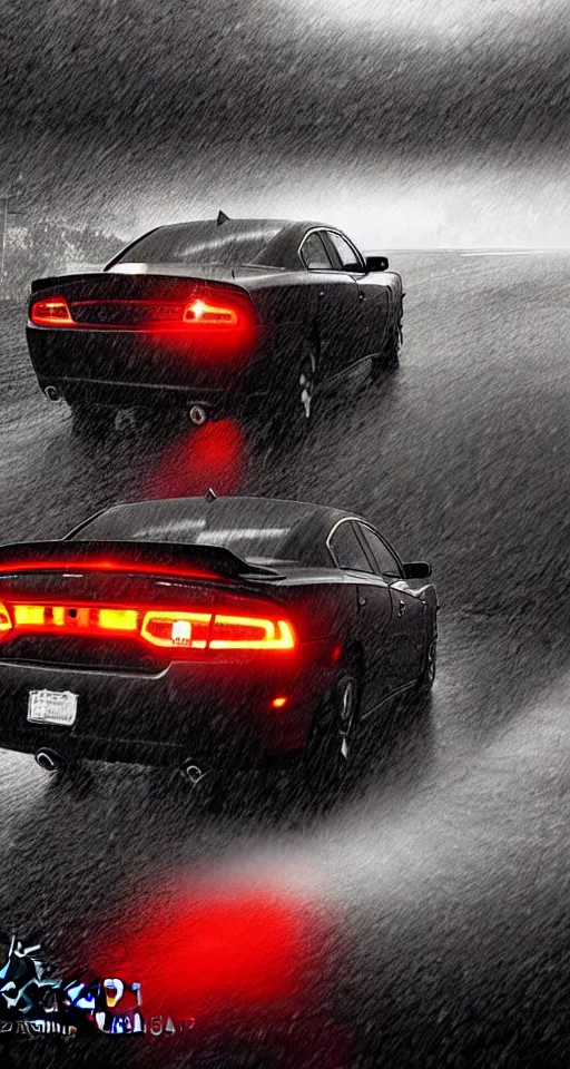 Image similar to photograph of a 2 0 1 1 dodge charger driving down a highway in the rain, dark, gothic, lovecraftian, hyperrealistic, 4 k, highly detailed,