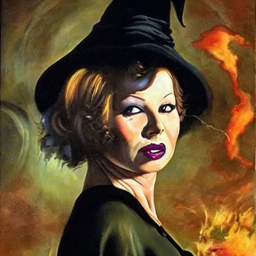 Image similar to traci lords as a witch, summoning zombies, hyper realistic, sharp focus, 4k, painting by frank frazetta