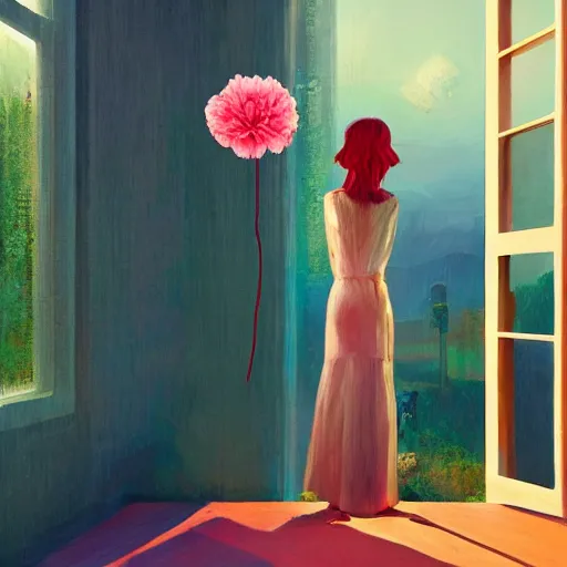 Prompt: giant carnation flower head, woman standing next to modern window in luxury loft, surreal photography, sunlight, impressionist painting, digital painting, artstation, simon stalenhag