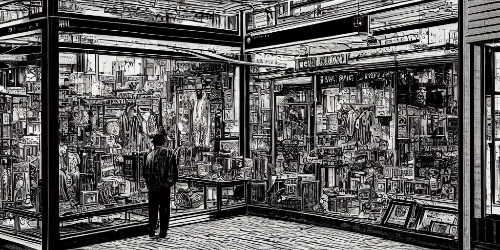 Prompt: s shop window in hong kong, by dan mumford and peter doig and edward hopper, heavy black lines, highly detailed, dramatic lighting, 8 k