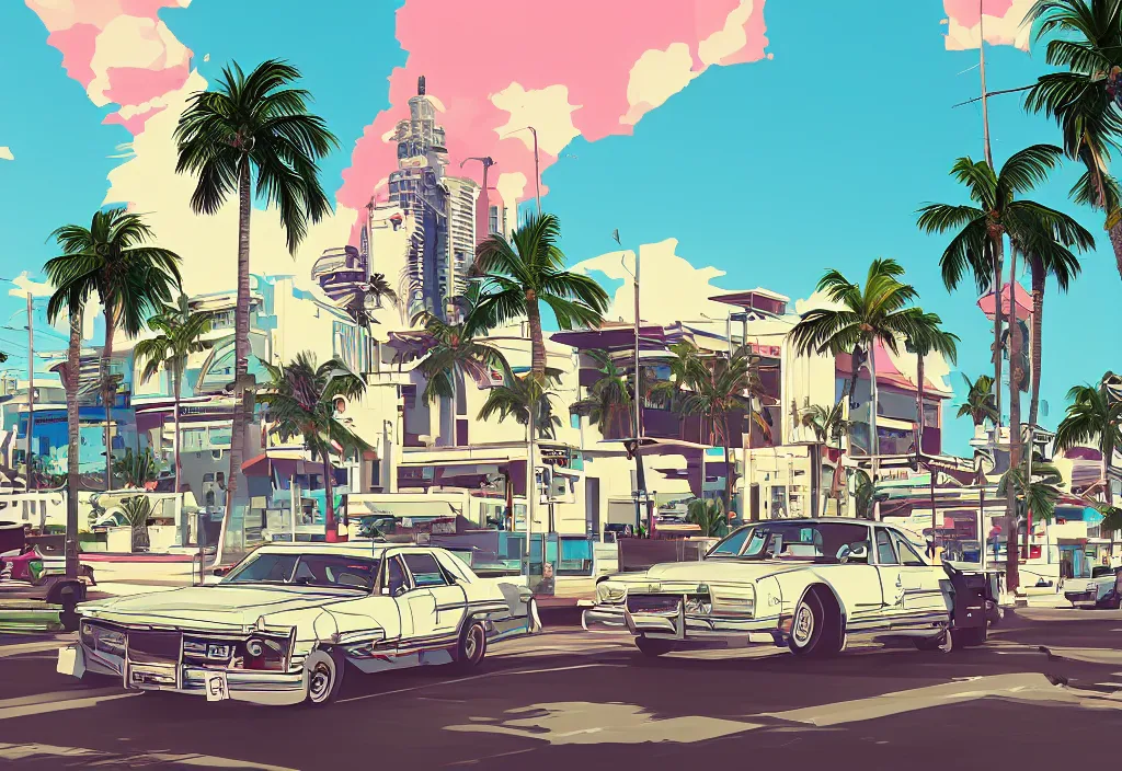 Image similar to saint mary in grand theft auto loading screen, gta art style, illustration, beach, miami, vice city