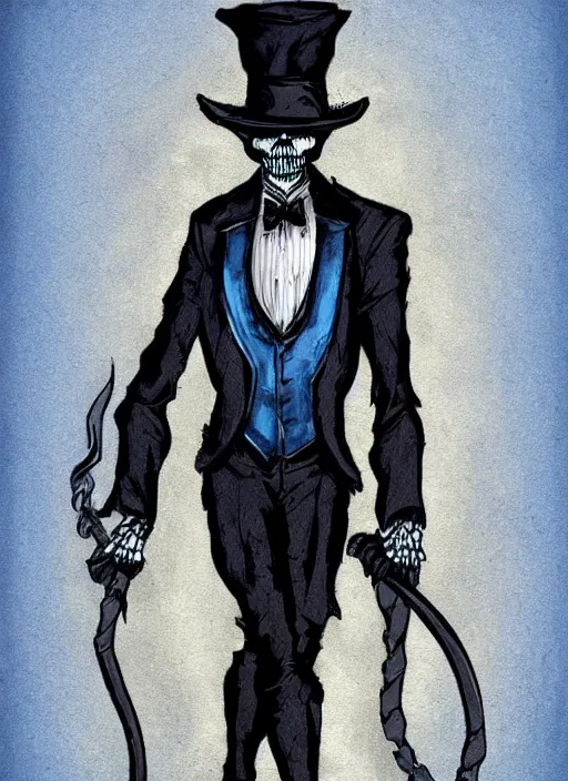 Image similar to DND character art, skeletal male figure, wearing a deep black suit!!! and tie and top hat, holding a gold! cane!, blue flames in background, blue flames