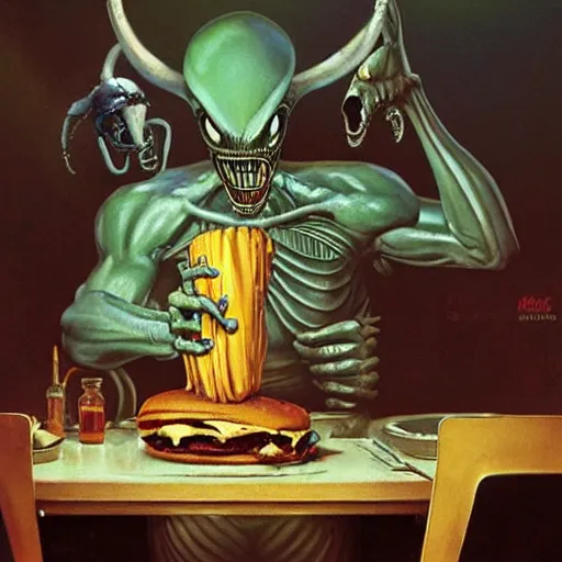 Prompt: alien xenomorph eating a cheeseburger, at a 5 0 s diner, painted by norman rockwell, greg rutkowski, john howe, wlop, artgerm