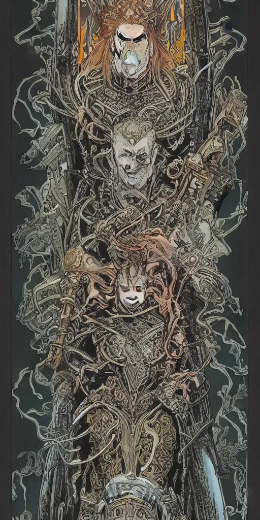 Image similar to a stunning and hypnotic full color art nouveau styled bust portrait of elric as a godlike and stoic chaos king with violent malevolent eyes and intricately detailed black armor by travis charest and michael kaluta, 8k, hyperdetailed
