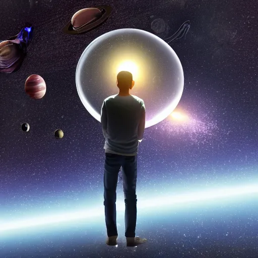 Image similar to a young man alone in an enormous transparent spherical capsule in the middle of outer space, digital art