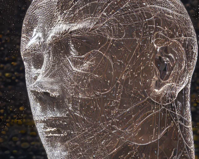 Image similar to a long shot of a giant award winning sculpture of a human head made out transparent jelly, on the surface of the ocean, in the style of chad knight, hyper detailed, hyper realistic, ray tracing, 8 k resolution, sharp focus, realistic water