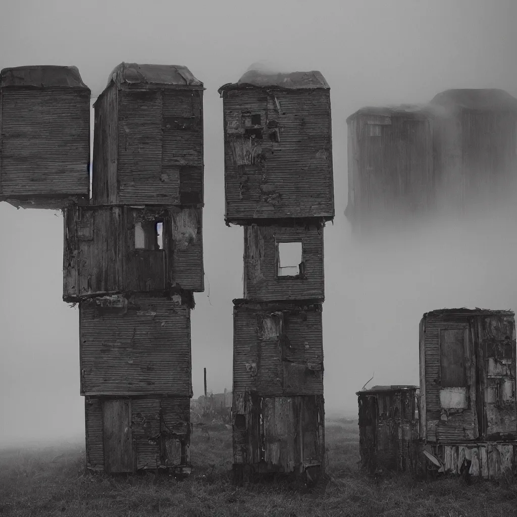 Image similar to two towers, made up of makeshift squatter shacks with faded colours, moody clludy sky, uneven fog, dystopia, mamiya, f 1 1, fully frontal view, photographed by jeanette hagglund