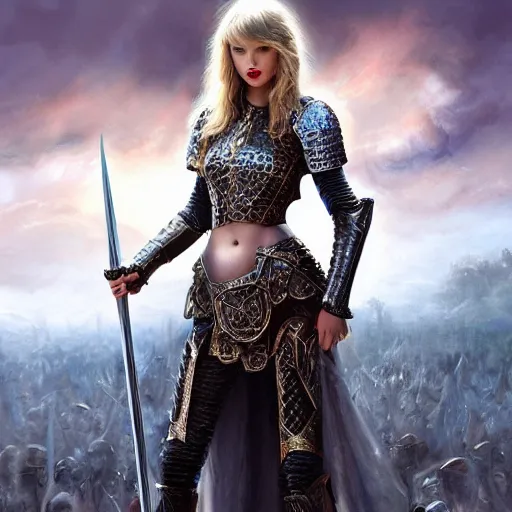 Image similar to the picture of taylor swift in a knight armor, epic fantasy art, mystical, mystic atmosphere, mythology, photo realistic, high detail, ultra realistic, hyper realistic, high definiton, 4 k uhd,