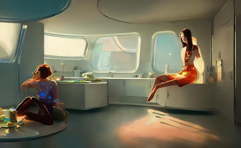 Image similar to a teen girl sitting in a stylish bedroom interior, futuristic plastic capsule apartment, small kitchen, reflective floor painting by Craig Mullins, octane rendering, soft lighting, wide angle lens, in the style of Pixar animation, trending on artstation,