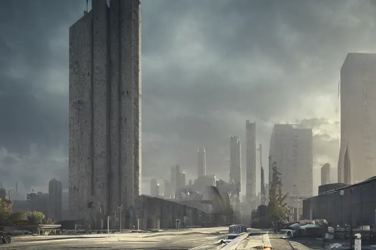 Image similar to streetscape, a towering cathedral of brutalist architecture, buildings covered with greebles, stunning volumetric light, sunset, metal, concrete and translucent material, stunning skies, majestic landscape, trending on Artstation, 8k, photorealistic, hyper detailed, unreal engine 5, IMAX quality, cinematic, epic lighting, in the style of Greg Rutkowski