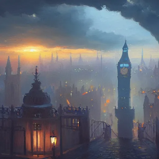 Image similar to a beautiful artwork painting of a mothership above rainy victorian london at sunset, by andreas rocha, featured on artstation