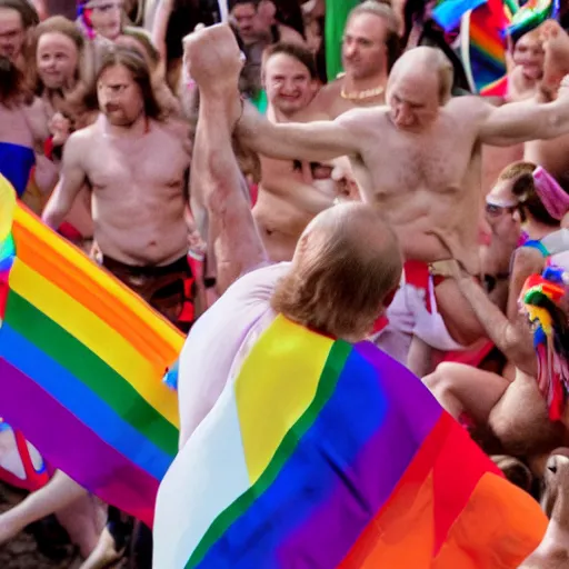 Image similar to putin dancing in a pride parade surrounded by large hairy men, film still, photography, high detail, 8 k, 4 k, focused