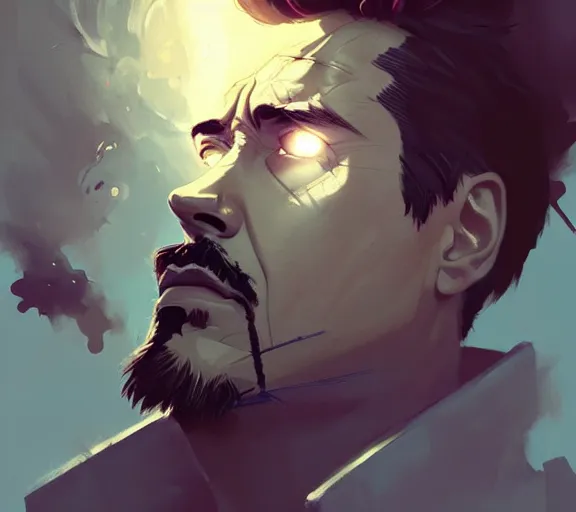 Image similar to portrait tony stark having a nightmare atey ghailan, by greg rutkowski, by greg tocchini, by james gilleard, by joe fenton, by kaethe butcher, by ashley wood, dynamic lighting, gradient light blue, brown, blonde cream and white color scheme, grunge aesthetic