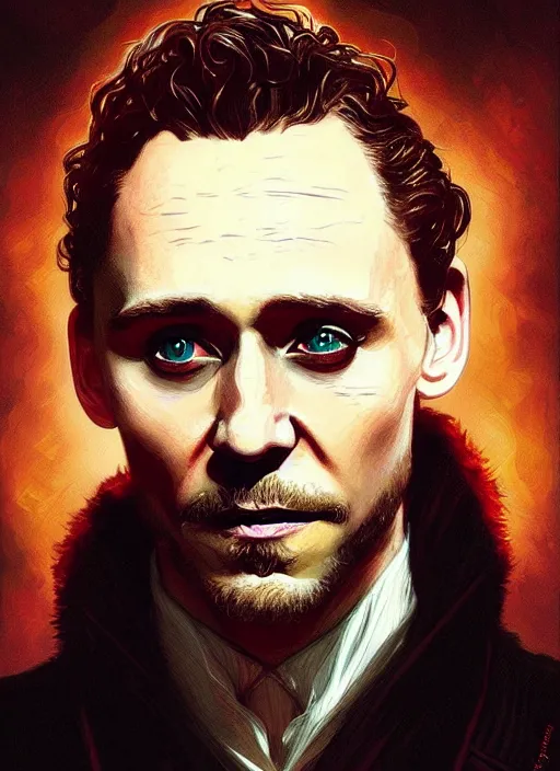 Image similar to portrait of tom hiddleston as a vampire lord, jewelry, intricate, headshot, highly detailed, digital painting, artstation, concept art, sharp focus, cinematic lighting, illustration, art by artgerm and greg rutkowski, alphonse mucha, cgsociety