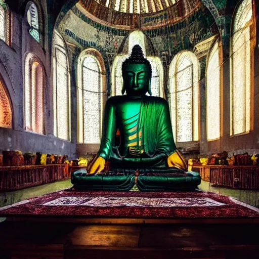 Image similar to dark green buddha being prayed in hagia sophia, dystopian universe