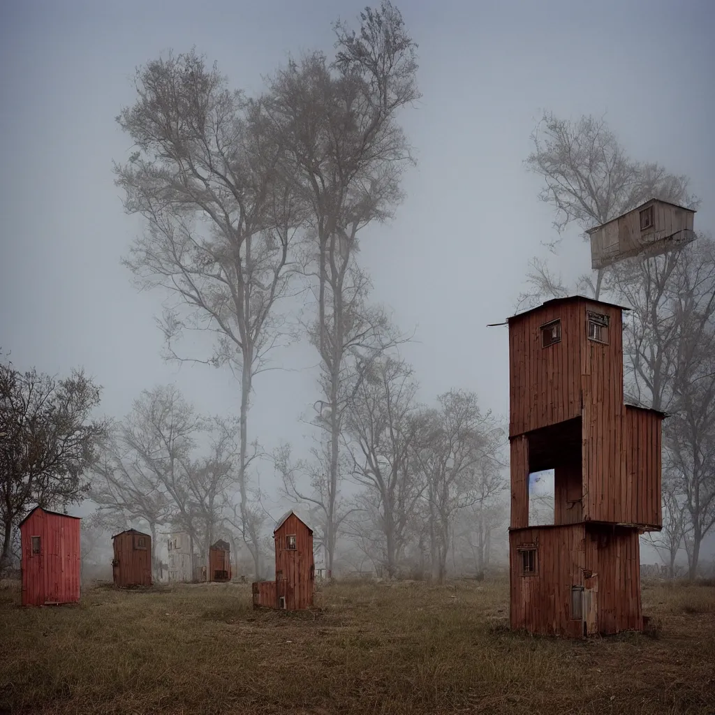 Image similar to two high towers, made up of makeshift squatter shacks with faded colours, plain uniform sky at the back, uneven fog, mamiya, fully frontal view, ultra sharp, very detailed, photographed by julie blackmon