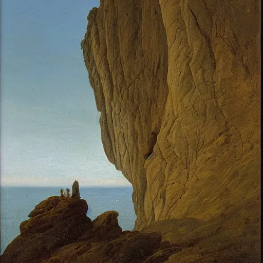 Image similar to caspar david friedrich oil painting of a cliff with a woman's face shape in the rocks,