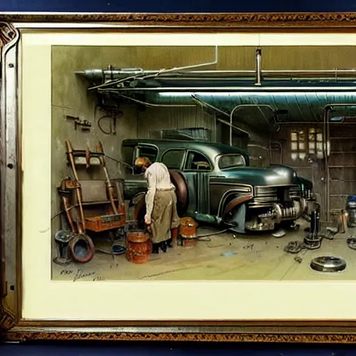 Image similar to ( ( ( ( ( 1 9 5 0 s retro science fiction mechanics shop interior scene. muted colors. ) ) ) ) ) by jean - baptiste monge!!!!!!!!!!!!!!!!!!!!!!!!!!!!!!