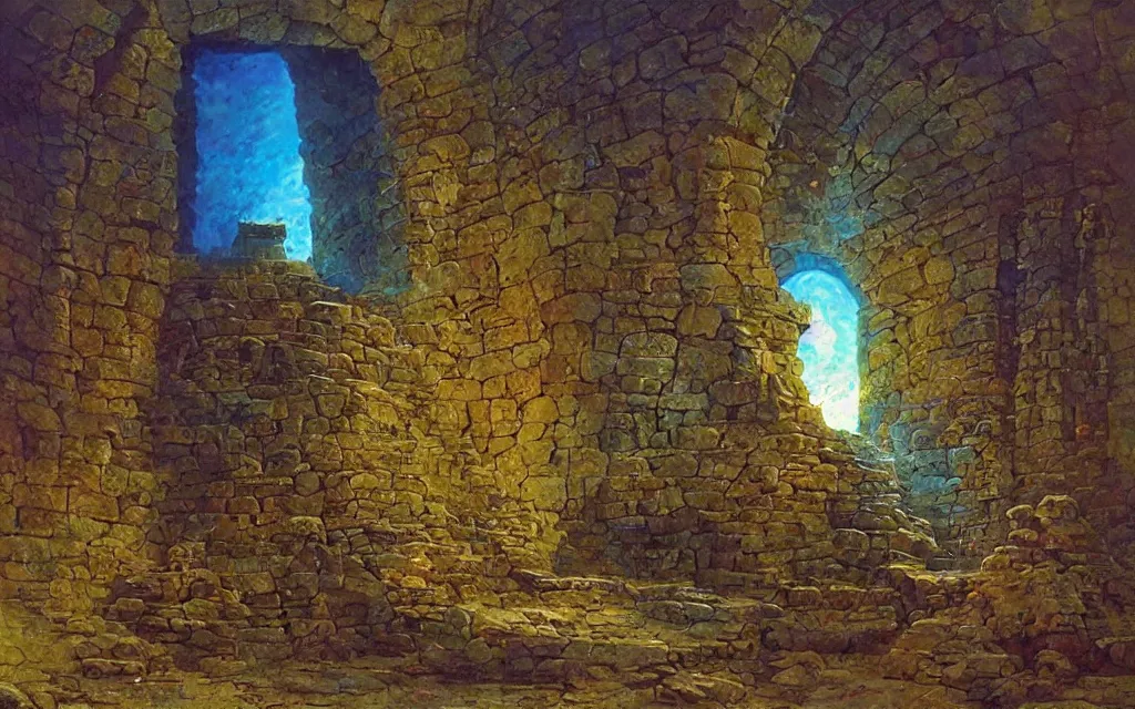 Prompt: ancient tomb made of iridescent metal, alien (hostile) architecture, award winning oil painting by Bruce Pennington, midnight color palette