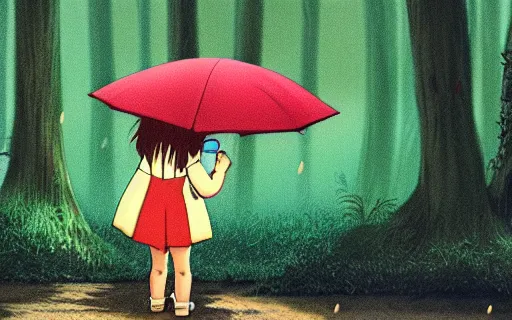 Prompt: a young girl holding an umbrella with her pet capybara walking through the forest, raining, side view, art by hayao miyazaki, studio ghibli film, 4k, hi res, high detail