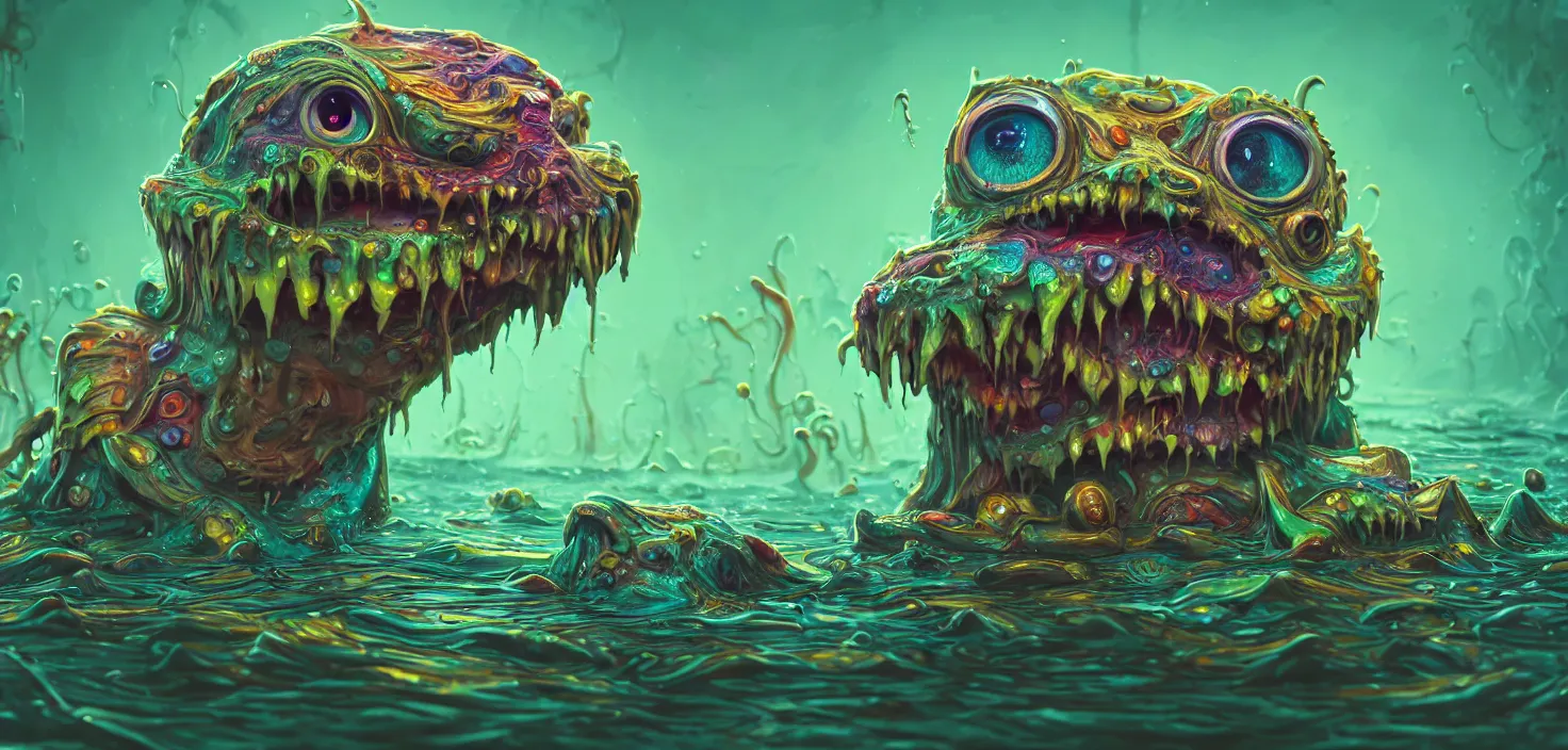 Prompt: intricate colourful murky with strange cute friendly angry crazy creatures with huge beauty eyes long tongue triangle teeth and scary face appearing from the water, in the style of craola, shallow depth of field, highly detailed, digital painting, trending artstation, concept art, illustration, cinematic lighting, vibrant colors, photorealism, epic, octane render