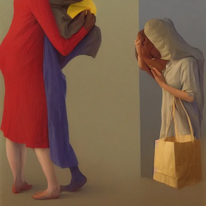 Image similar to two women hugging with a paper bag over the head dressed in plastic bags, highly detailed, artstation, art by, , edward hopper, Zdzislaw Beksinski, highly detailed