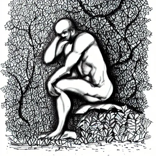 Prompt: The Thinker Sculpture covered in vibes and other plants, sitting in a dense luscious forest, B&W ink sketch, Naturalist notebook