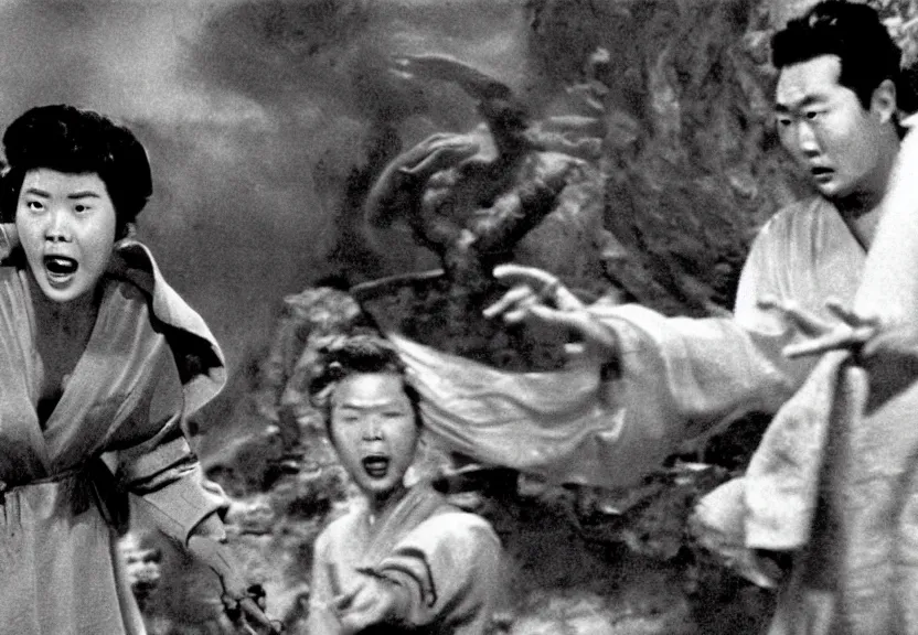 Image similar to a filmstill of pulgasari, kaiju starfish, monster movie, korean film noir, 1 9 5 0 s thriller, kim jong - il, in the style of rashomon and godzilla