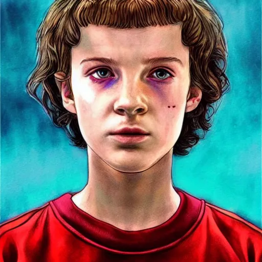 Image similar to beautiful side portrait of Eleven from Stranger things in a scenic!!! Environment!! by martine johanna, lines ,figurativism!, portrait,