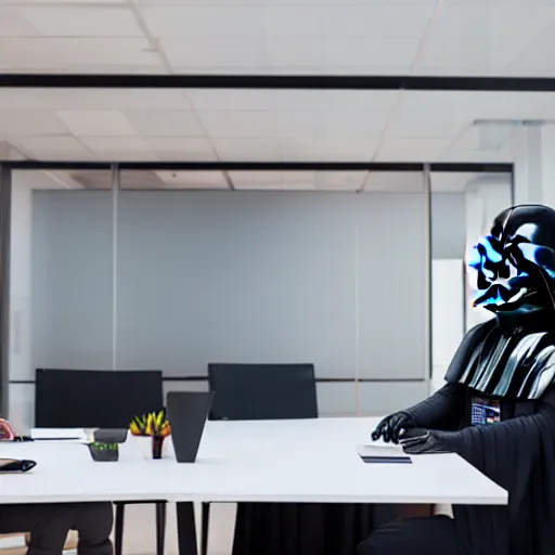 Prompt: photo of darth vader giving presentation in business meeting