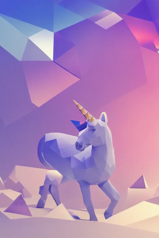 Image similar to geometric 3 d render, soft bright pastel, unicorn in the middle, mountains surrounding, rule of thirds