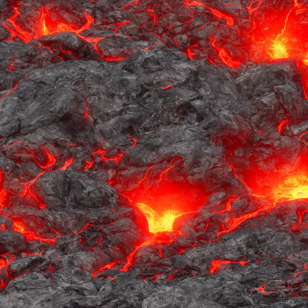 Image similar to satanic mountain goats with glowing red eyes on a sheer obsidian cliffside with lavaflow, lava waterfalls, photorealistic landscape render, octane render, vray, pools of lava, beautiful, ambient occlusion, particle effects, breaking ocean waves, light bloom, rtx