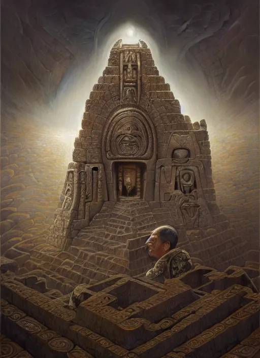 Image similar to wide angle shot inca calender stone carvings, intricate, elegant, highly detailed, centered, digital painting, artstation, concept art, smooth, sharp focus, illustration, artgerm, tomasz alen kopera, peter mohrbacher, donato giancola, joseph christian leyendecker, wlop, boris vallejo