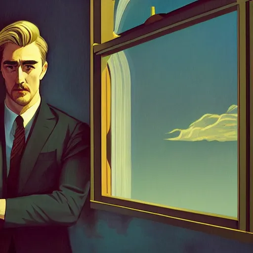 Prompt: Lee Pace with long white-blond hair, a head and shoulders masterpiece, in rapture, golden hour, artstation, in the style of Art Deco and Edward Hopper and Bosch, extremely detailed