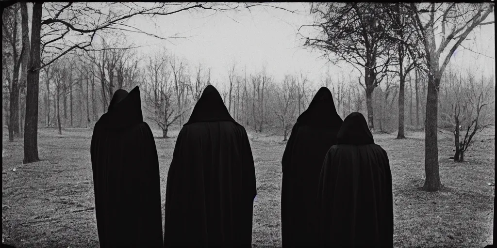 Image similar to black robed and hooded people stand around in a circle calling forth an eldritch horror, old film, 35mm film, found film, scary, ominous, frightening, ghastly, photorealistic