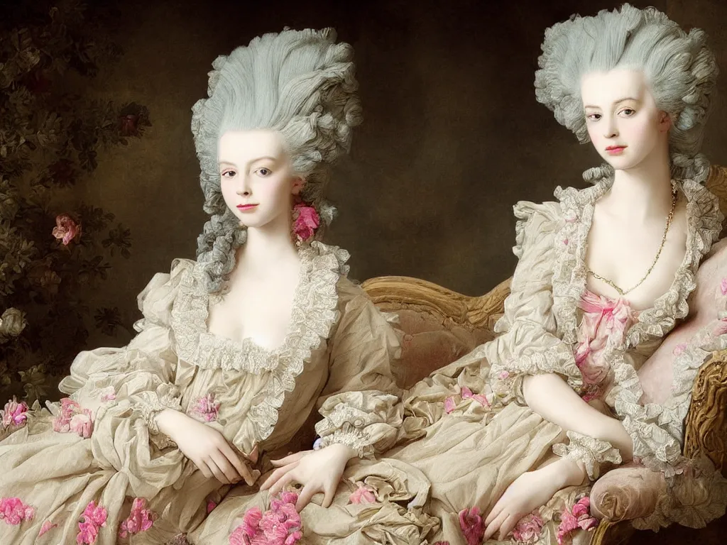 Prompt: digital art, marie antoinette beautiful young woman with baroque wig with flowers laying on couch,