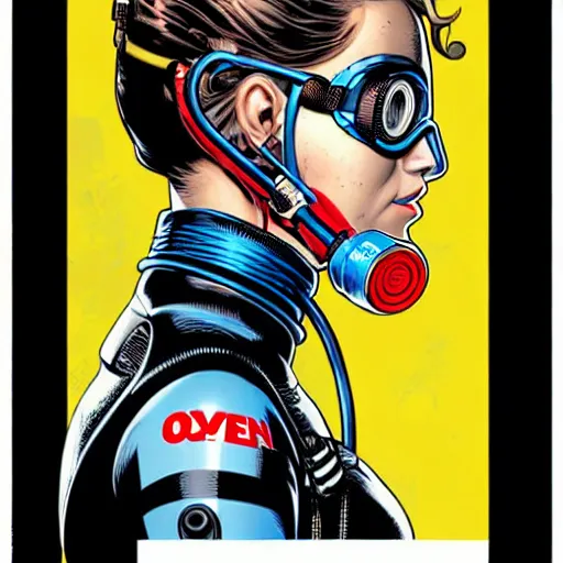 Image similar to portrait of a female diver with a oxygen mask intricate details mask by MARVEL comics and Sandra Chevrier