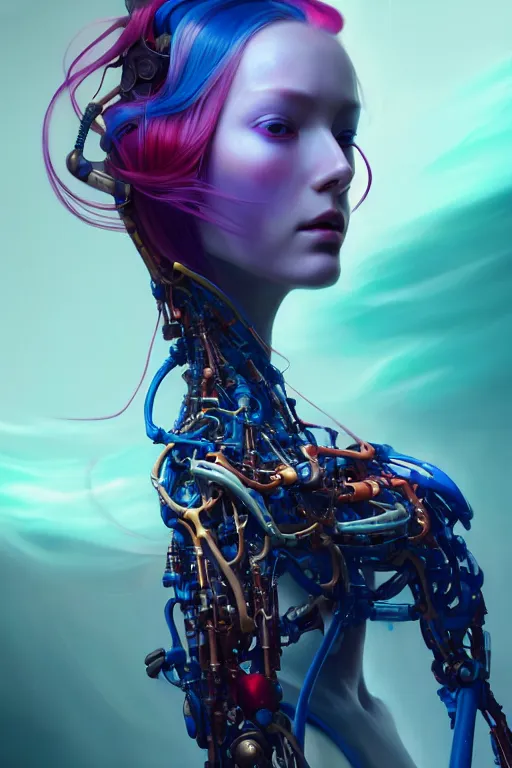 Prompt: a half body image of a beautiful young 28th century super cool post-human female wiht long colorful hair, barely human and largely biomechanical machine, hyper-realistic cyberpunk style, Peter Mohrbacher Takayuki Takeya moody, face by Yanjun Cheng, Irakli Nadar, dramatic cinematic lighting rendered by octane, 8k, detailed, intricate, clean and textures, trending on artstation, deviantart google images, pinterest
