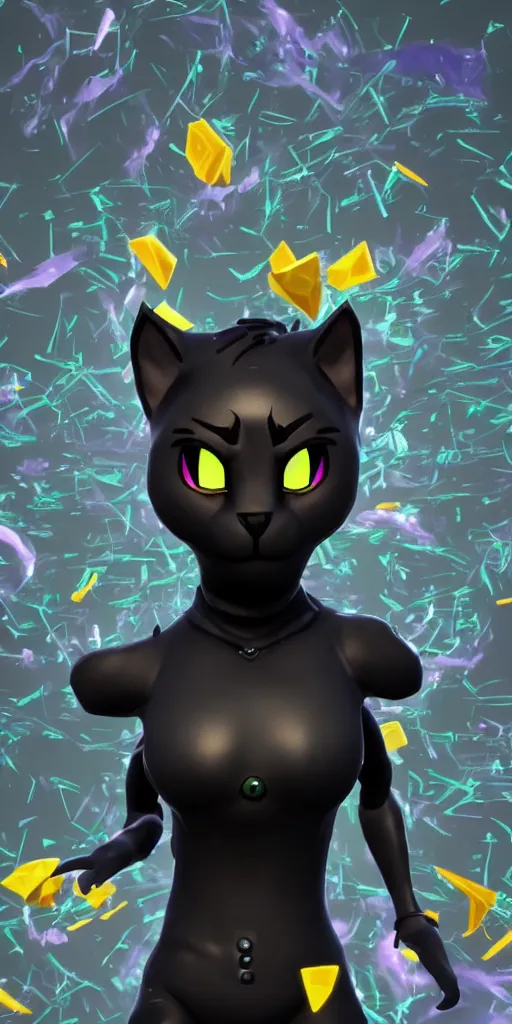 Image similar to an avatar of a black cat in the style of fortnite