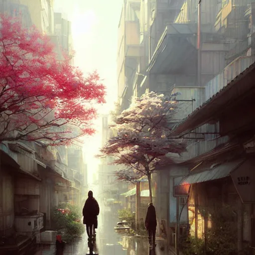 Prompt: walking from naka - meguro, tokyo. volumetric lighting, spring late morning, nice slight overcast weather, realistic illustration, perfectly shaded, soft painting, art by krenz cushart and wenjun lin